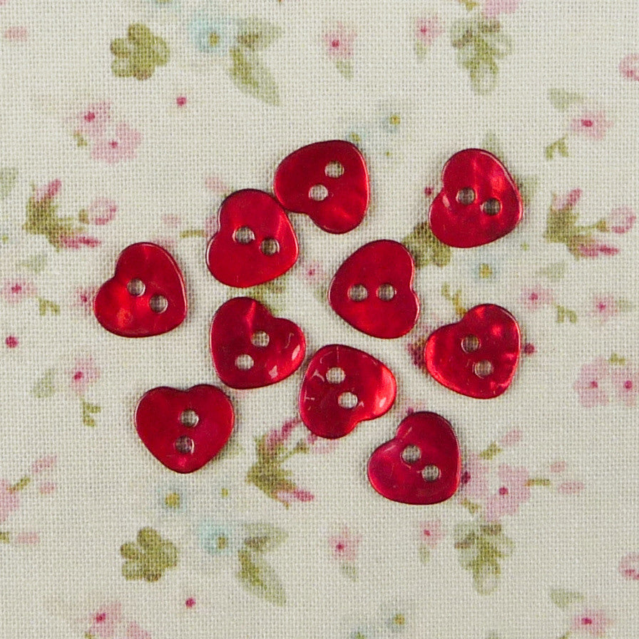 Mother of Pearl Heart Buttons Red ~ 10mm - Billow Fabrics
