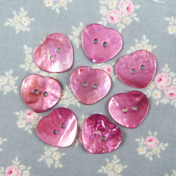 Mother of Pearl Heart Buttons Bright Pink ~ 20mm
